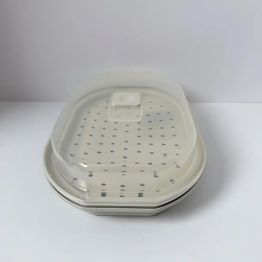 Vintage Progressive Miracle Ware Microwave Steamer Beige 3-Piece Set Vented Lid